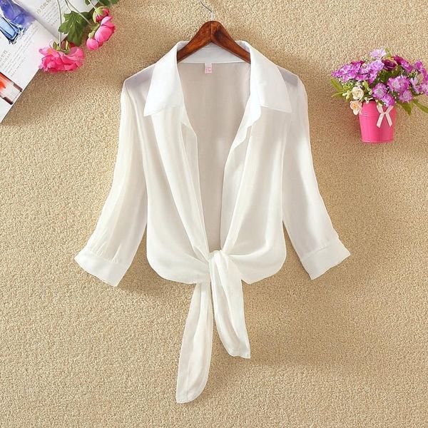 

women's blouses & shirts women 2021 spring summer chiffon female three-quarter sleeve buttoned up shirt loose casual blouse elegant z85, White