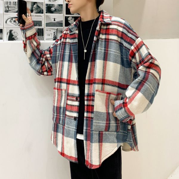 

2021 new men's woollen cloth material lattice printing long sleeves shirt loose coats brand fashion red/green color shirts uf7u, White