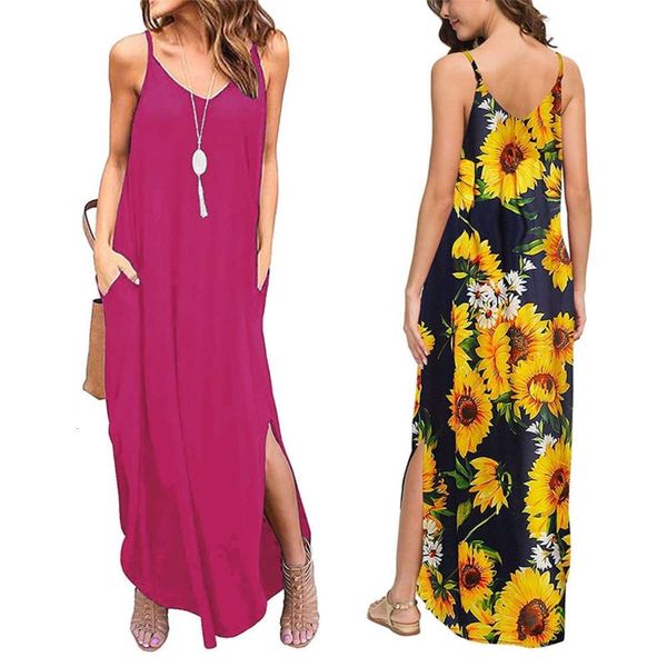 

pocket shoulder straps maxi dresses solid floral print slip dress split beach summer women dresses fashion clothes will and sandy gift, Black;gray
