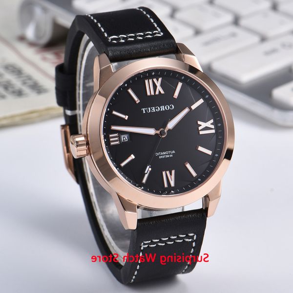 

corgeut 41mm automatic mechanical mens watch black dial luminous waterproof calendar sapphire clock leather strap wristwatch men, Slivery;brown