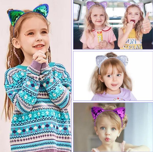 

cute shiny sequins cat ears headband for girl manual cat ears hairband kid hair accessories for women cartoon headband 16 colors dhl, Silver