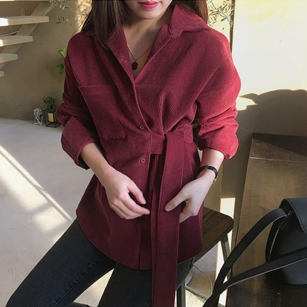 

women's blouses & shirts corduroy shirt jacket women autumn korean style collar mid-length irregular lace-up female vintage solid color, White