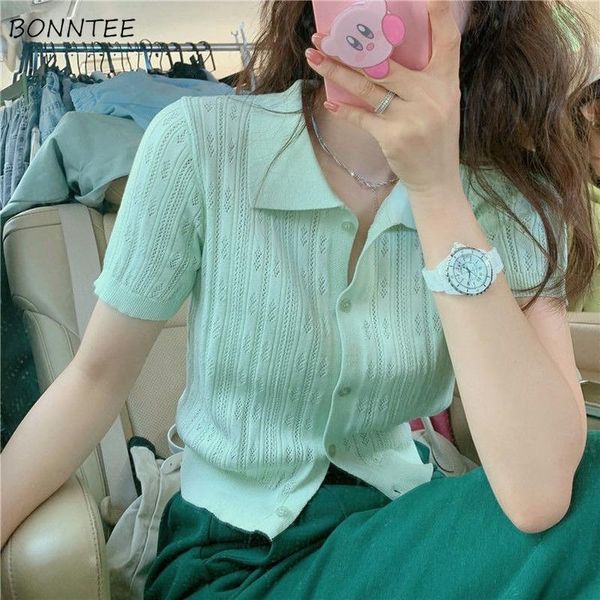 

women's t-shirt t-shirts women solid all-match slim sweet ulzzang vintage temperament turn-down collar fashion summer female knitted, White