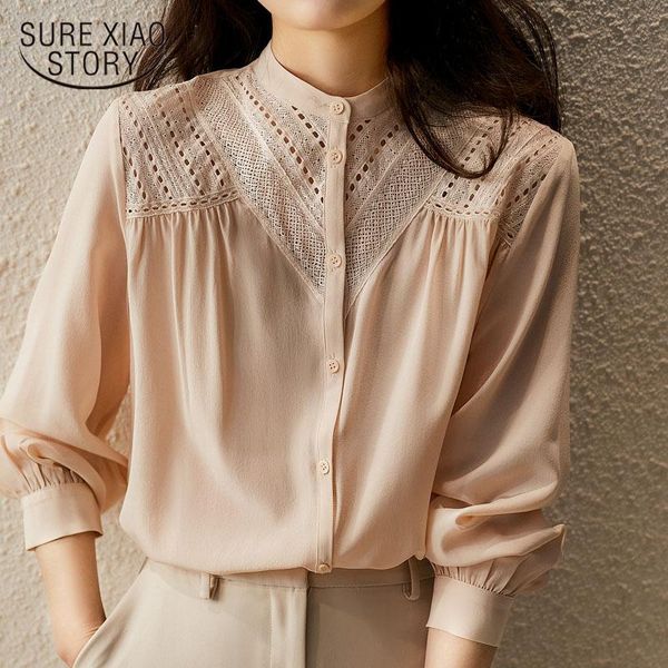 

women's blouses & shirts summer 2021 hollow out embroidered silk sunscreen shirt elegant pink stand collar lace stitching blouse blusas, White