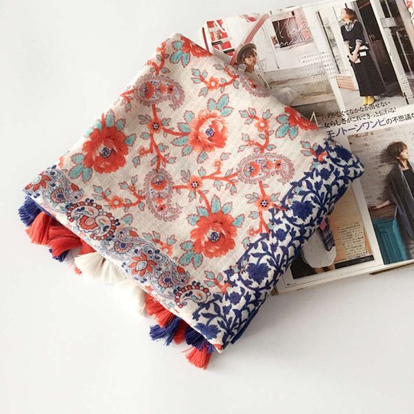 

scarf spring and autumn female korea east gate tassel broken flower national style cotton hemp travel sunscreen shawl, Blue;gray