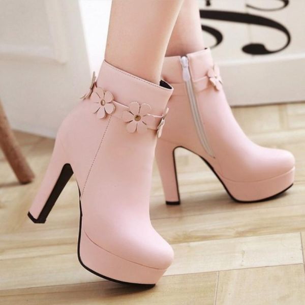 

boots fanyuan women ankle pu leather square high heel sweet style round toe flower design zipper boot size 31-45, Black