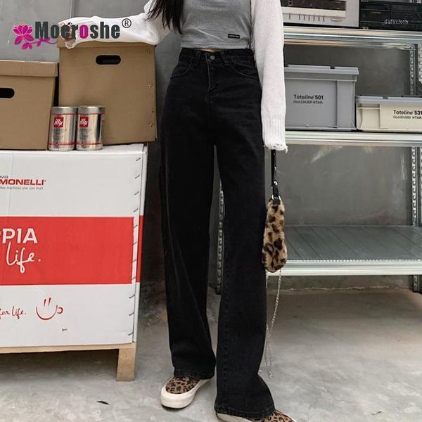 

women's jeans moeroshe black for women washed retro high waist straight long loose wide leg trousers streetwear pants, Blue