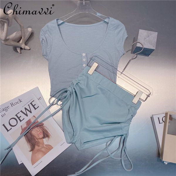 

women's tracksuits 2021 summer korean fashionable tight short-sleeved t-shirt+double tied drawstring high waist pants casual 2-piece se, Gray