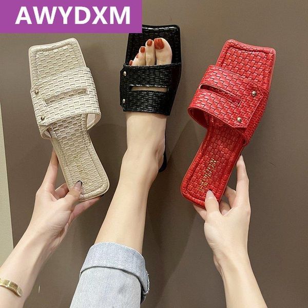 

slippers summer fashion slipper women shoes 2021 ladies shoe sandals design woven rivet decoration flat flip flops beach, Black