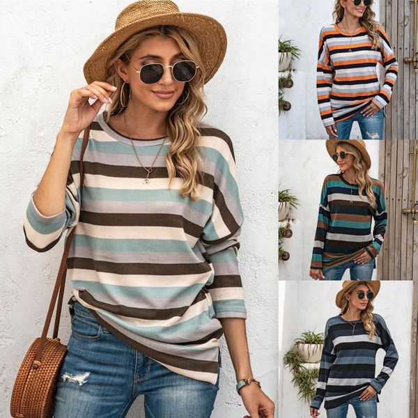 

2021 style autumn / winter women's fleeces stripe temperament round collar casual long sleeve womens wear set head tstw, White