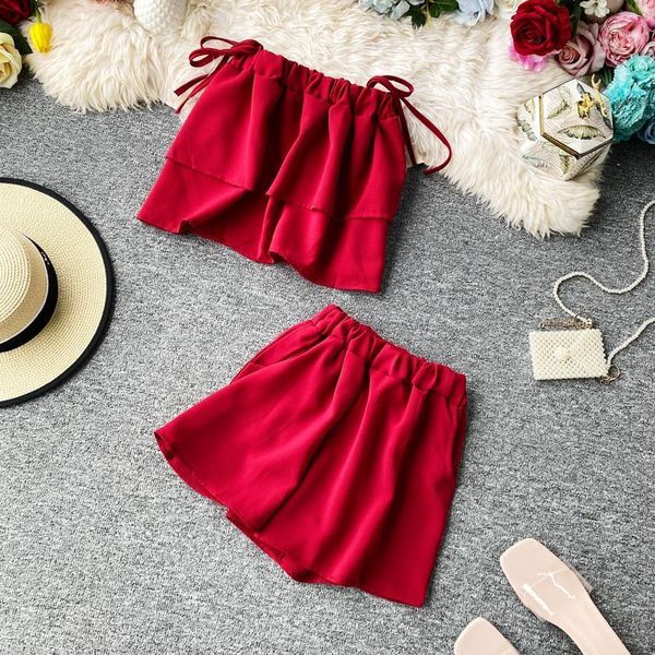 

two piece dress summer outfit women korean fashion strapless frenulum ruffle layer short high waist shorts woman casual 2 sets, White