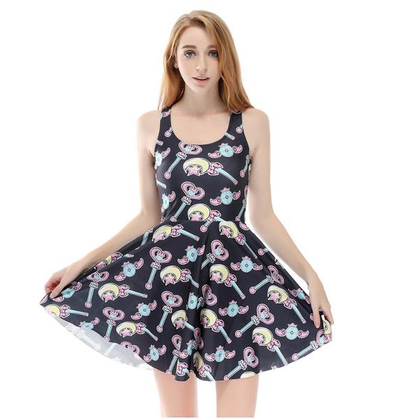 

casual dresses s big size graffiti girls summer skater black dress blue geometric print sleeveless harajuku style to 4xl, Black;gray