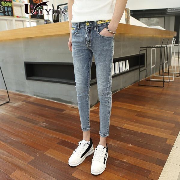 

men's jeans denim korean style slim 2021 summer tide light blue ankle length pencil