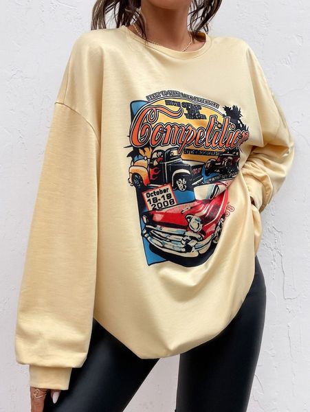 

slogan & car print drop shoulder pullover 99e4#, White;black