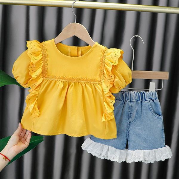 

clothing sets summer baby suit girl clothes round neck short sleeve solid color + denim lace shorts fashion children's1, White