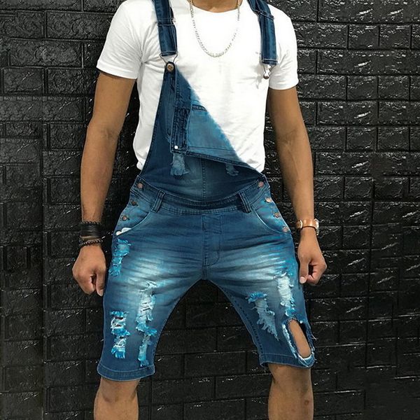 

denim bib broek clothing half length jeans jumpsuits hip hop straight jean overalls for men streetwear new men's jumpsuit, Blue