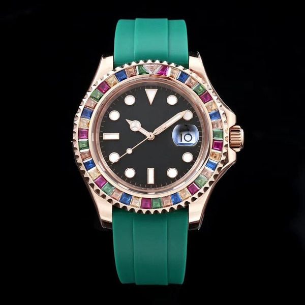 

wristwatches classic men automatic diamonds bezel mechanical watch black rubber sapphire diver limited sport gmt watches, Slivery;brown