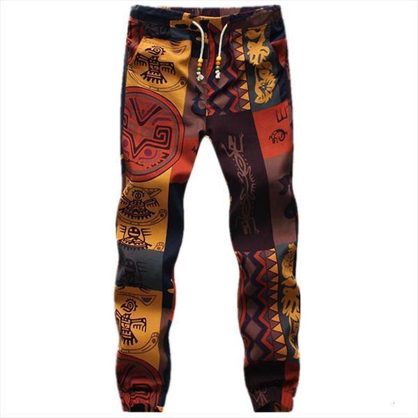 

ethnic style fashion linen women pant sweatpants long flower print slim casual pattern man beam foot trousers jogger, Black