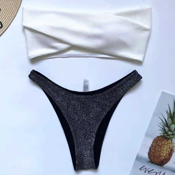 Sexy bikini a fascia a costine bianco 2020 Costume da bagno donna Costumi da bagno donna Bikini a due pezzi Costume da bagno scintillante brasiliano Swim Y0820