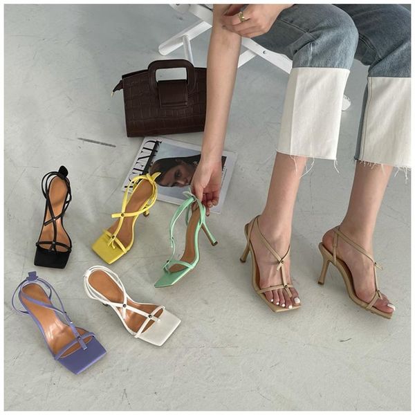 

2021 new brand women sandal shoes narrow band square toe thin high heels ladies rome sandals woman ankle strap pumps dress shoes, Black