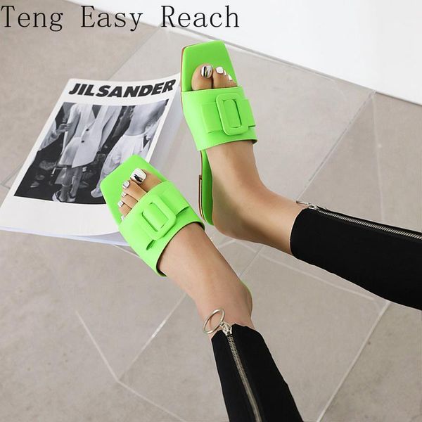 

slippers 2021 ladies summer outside modern for women flat synthetic leather buckle beige square toe fashion, Black