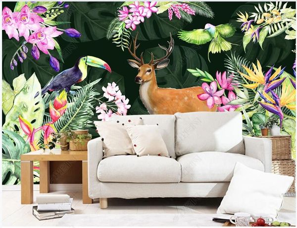 Papel de parede feita sob encomenda 3d murais papel de parede mão pintado aquarela folhas de flores tropicais tropicais floresta de floresta tv fundo papéis de parede decoração