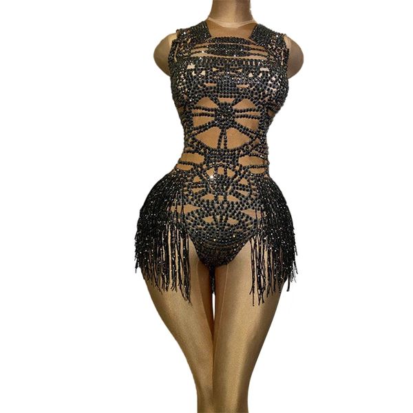 Moda apertado encaixe de cristal borelo nu dançarino bodysuit mulheres sem mangas elástico leotard niglub ds dance outfits 210728