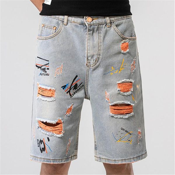 

men's jeans summer personality printed hole denim shorts hip hop tide brand loose five-point short pants vaqueros hombre, Blue