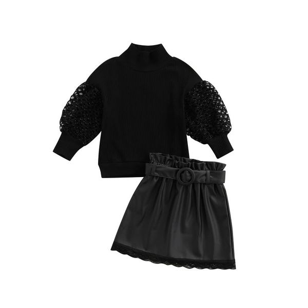 

clothing sets 2 pcs infant casual outfits girls solid color hollow puff sleeve high collar pullover leather skirt with belt, White