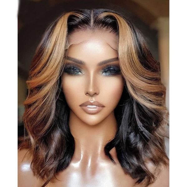 

lace wigs remy short highlight color body wave long 13Ã6 front wig brazilian human hair preplucked middle ratio adjustable strap, Black;brown
