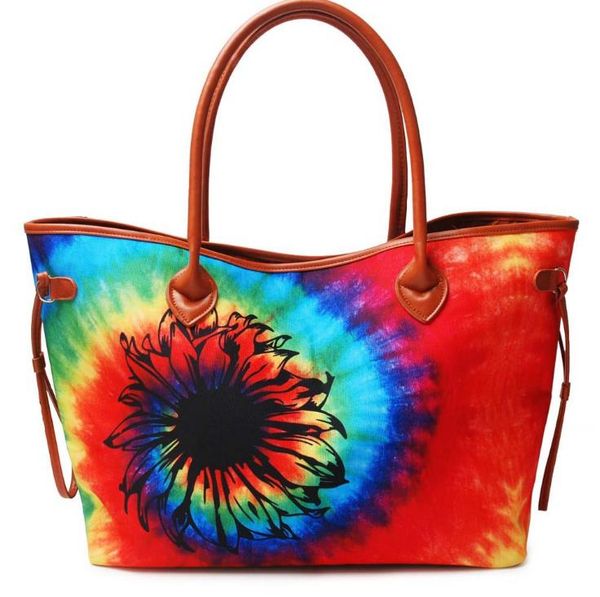 

european and american shopping bags women's large-capacity handbags rainbow leopard print sunflower shoulder bag