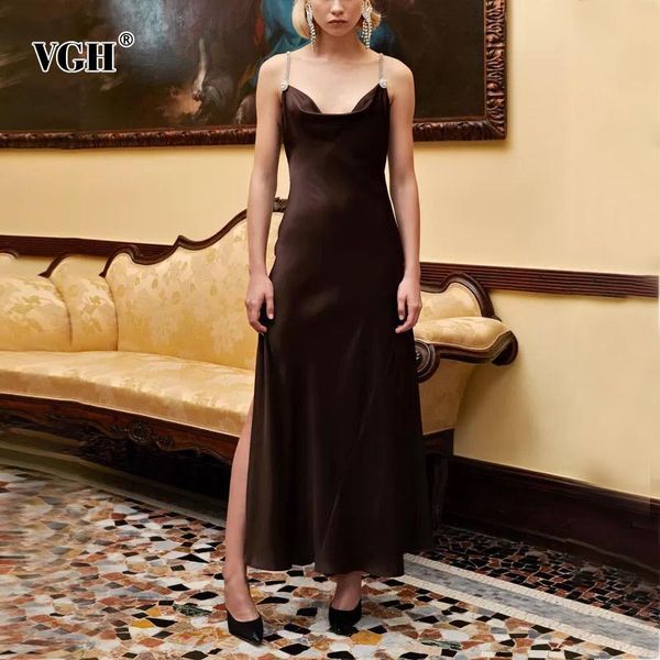 

casual dresses vgh side split sling dress for women v neck sleeveless high waist solid maxi female summer fashion clothing tide, Black;gray