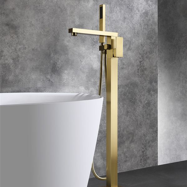 

2021 new bathroom faucet + handheld shower standing brushed gold luxury bathtub mixer taps floor mounted 1k0q