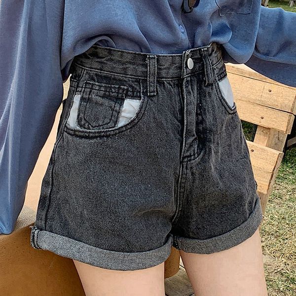 

2021 new summer women casual wide leg blue denim vintage female high waist solid color loose jeans shorts 3085, White;black