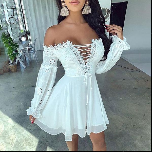 

white lace women dress off shoulder lace up ruffles elegant dresses party club vintage autumn winter vestido, Black;gray