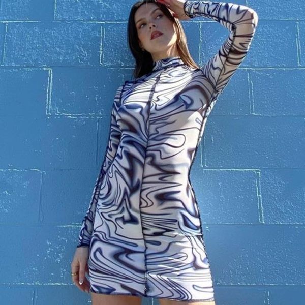 

casual dresses women printed patchwork dress high waisted long sleeve round neck party, Black;gray
