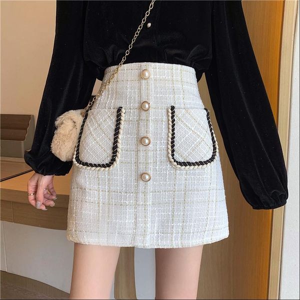 

korean pockets office lady mini skirts high waist autumn tweed skirt women pearls plaid wool pencil skirts vintage 2021 x512, Black