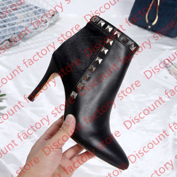 

autumn winter ladies dress boots rivet boots pointed toe slip on stiletto heels womens t show wedding party booties real leather, Black