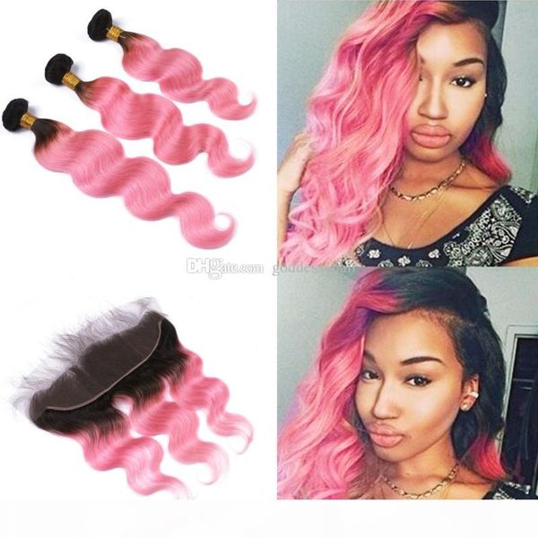 

ombre 1b pink hair 3 bundles with parting lace frontal 13x4 dark roots body wave hair with ear to ear frontal, Black
