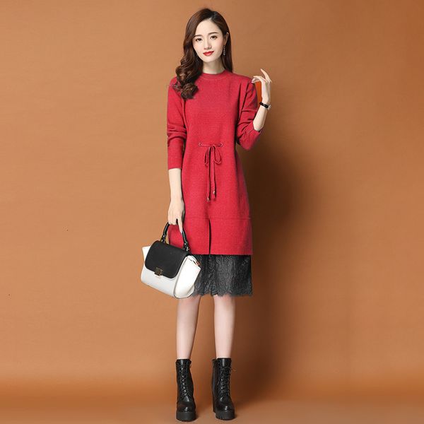 

2021 new elegant kitted women's autumn winter lace splicing long sweater plus veet thicken slim base vestidos mujer y608 nipt, Black;gray