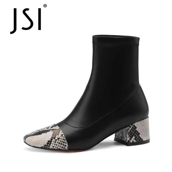 

boots jsi winter mid-calf woman patchwork square toe genuine leather ladies snake patern sewing middle heel jo696, Black