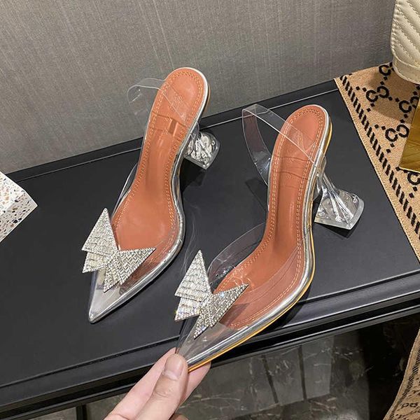 

sandals bow transparent rhinestone pointed thin heel high heeled shoes, Black