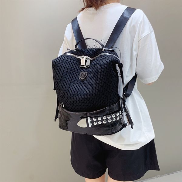 

bags wallet backpack men's and women's mesh with oil wax personality rivet belt decoration fashion bag schoolbag, Black;red