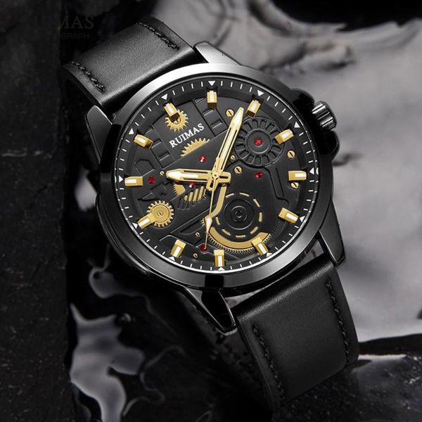 

wristwatches ruimas luxury men's watches 2021 brand military sport watch man waterproof luminous quartz wristwatch leather strap 307, Slivery;brown