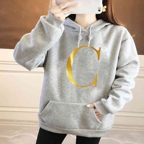 

women's fashion hoodie letter c printed harajuku long sleeve sports girls casual oversized pocket pullover sweatshirt, Black