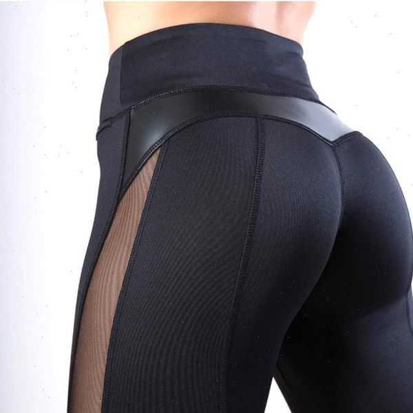 

2021 women fitness leggings pu leather patchwork side mesh transparent leggings see through leggings sports pants black