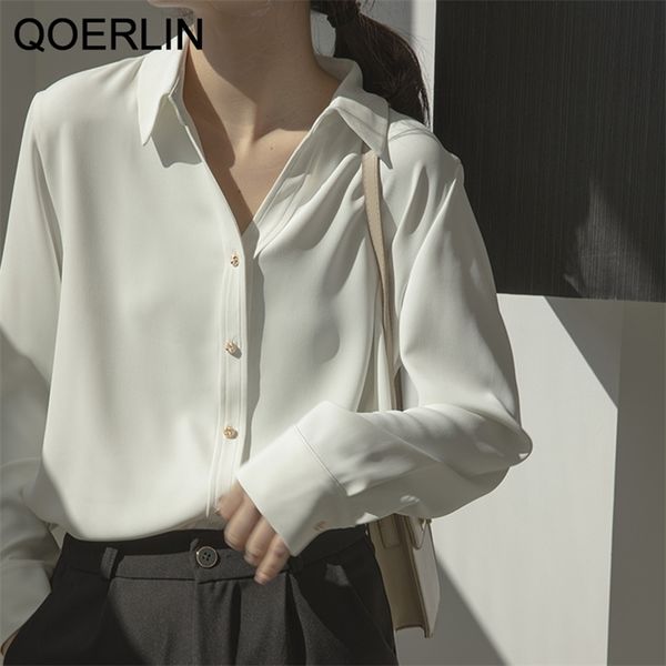 

office lady white shirt for women blouse turn-down collar ol female casual deep v chiffon femme 210601