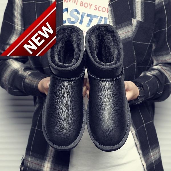 

winter waterproof snow boots men's short tube pu leather plush warm large anti slip cotton shoes, Black