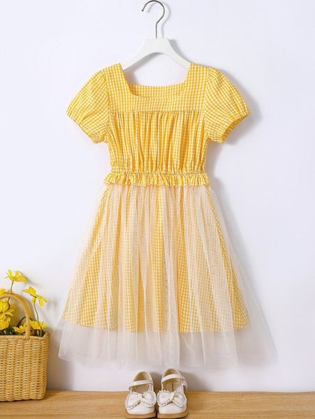 

girls gingham print ruffle trim mesh hem dress she, Red;yellow