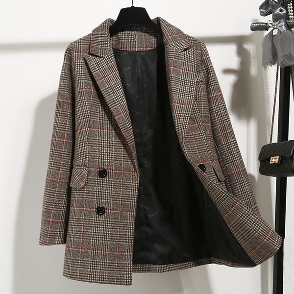 

female plaid wool korean issue 2021 new medium chess small wild autumn jacket mum2, White;black